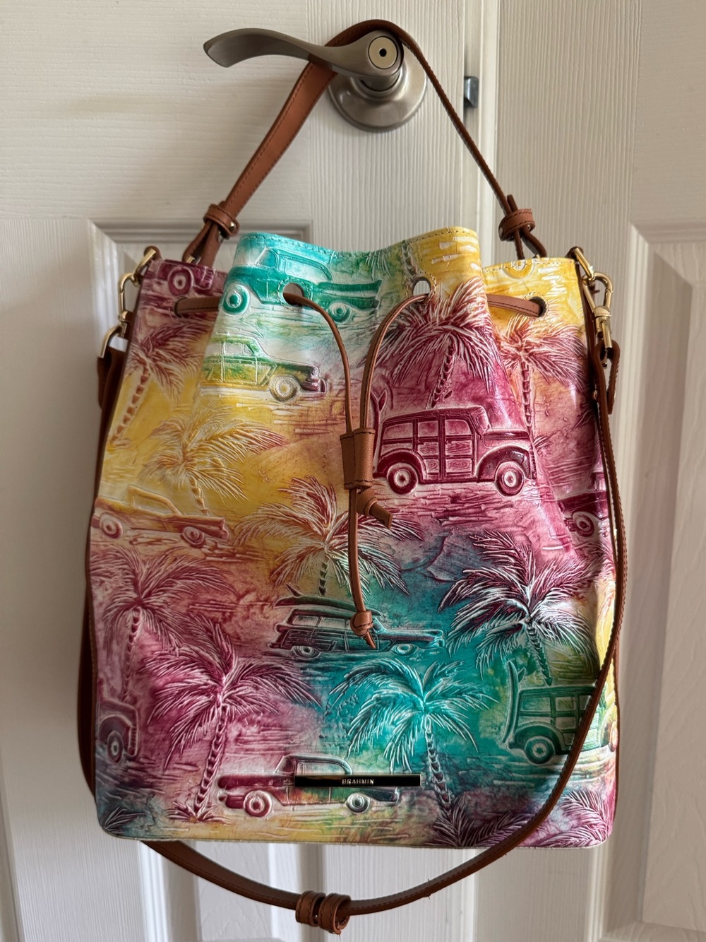 Brahmin -Colorful Tropical Embossed Drawstring Bucket Bag - Brown Trim